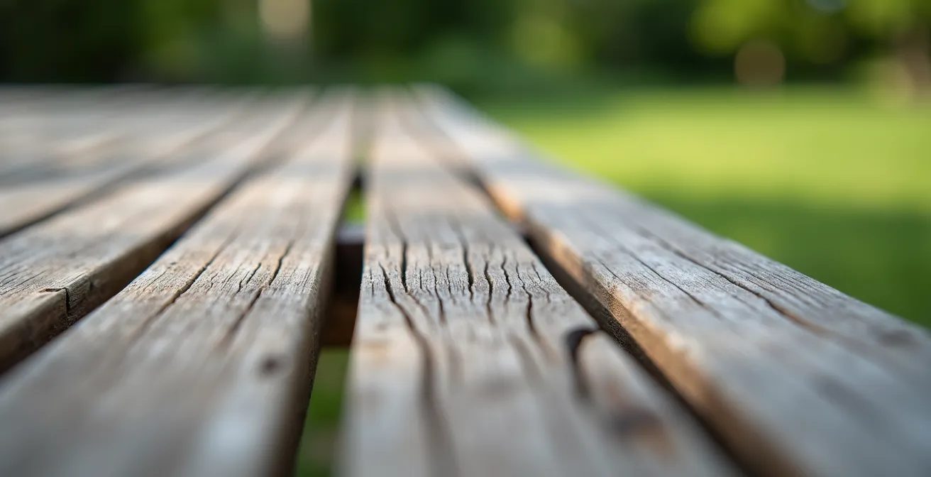 Detailaufnahme von patiniertem Teakholz mit silbergrauer Oberfläche, die die hochwertige Alterung des Materials zeigt.