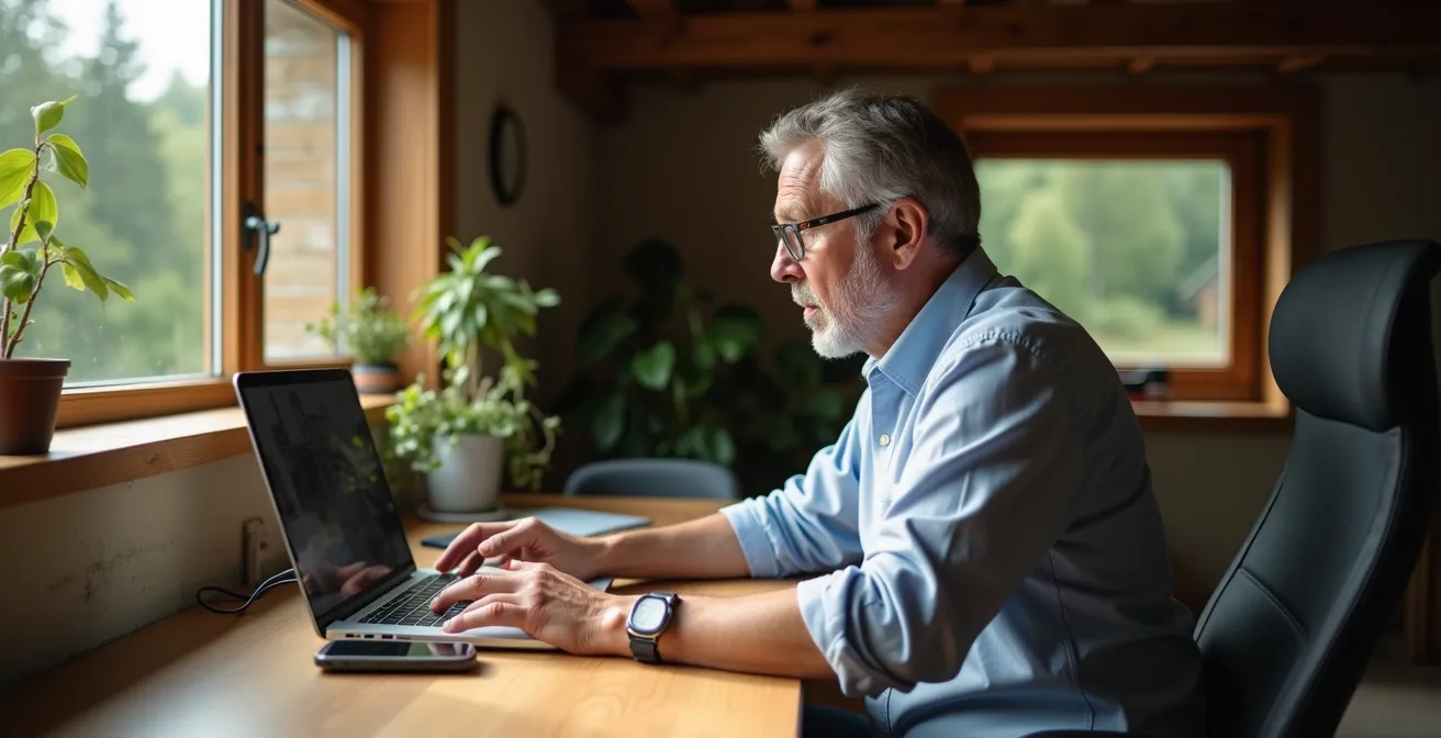 Person arbeitet im Homeoffice in ländlicher Umgebung mit moderner Technik