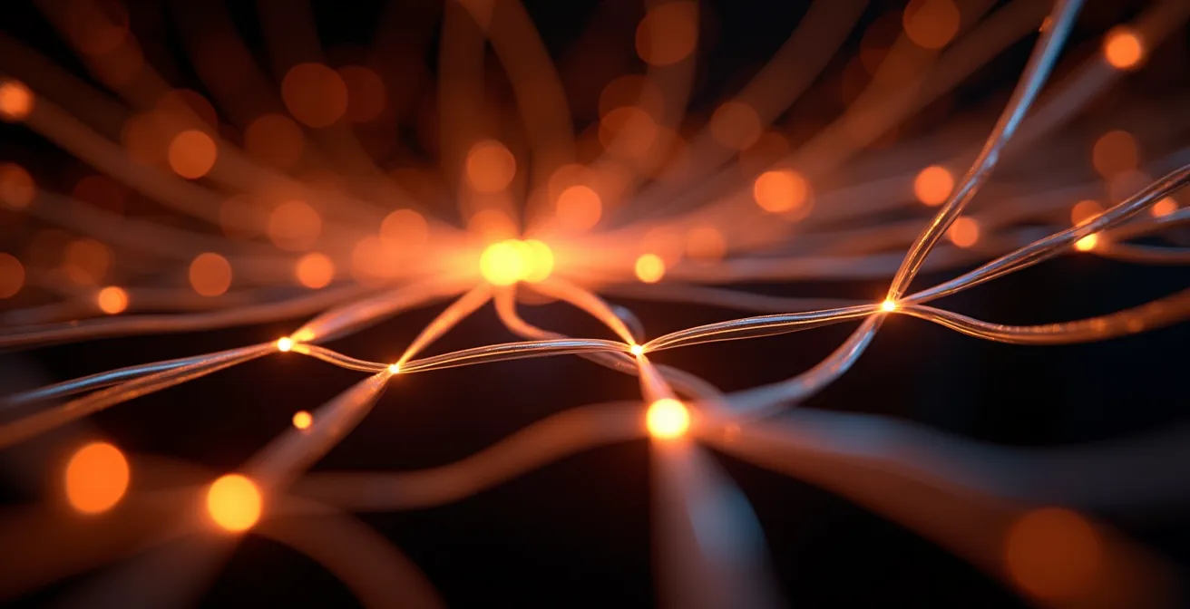 Abstrakte Darstellung von leuchtenden Glasfaserkabeln, die virtuelle Teamverbindungen im Homeoffice symbolisieren.
