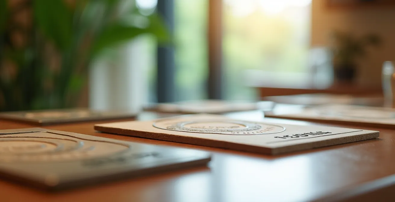 Detailaufnahme verschiedener Nachhaltigkeitszertifikate in einem Hotel