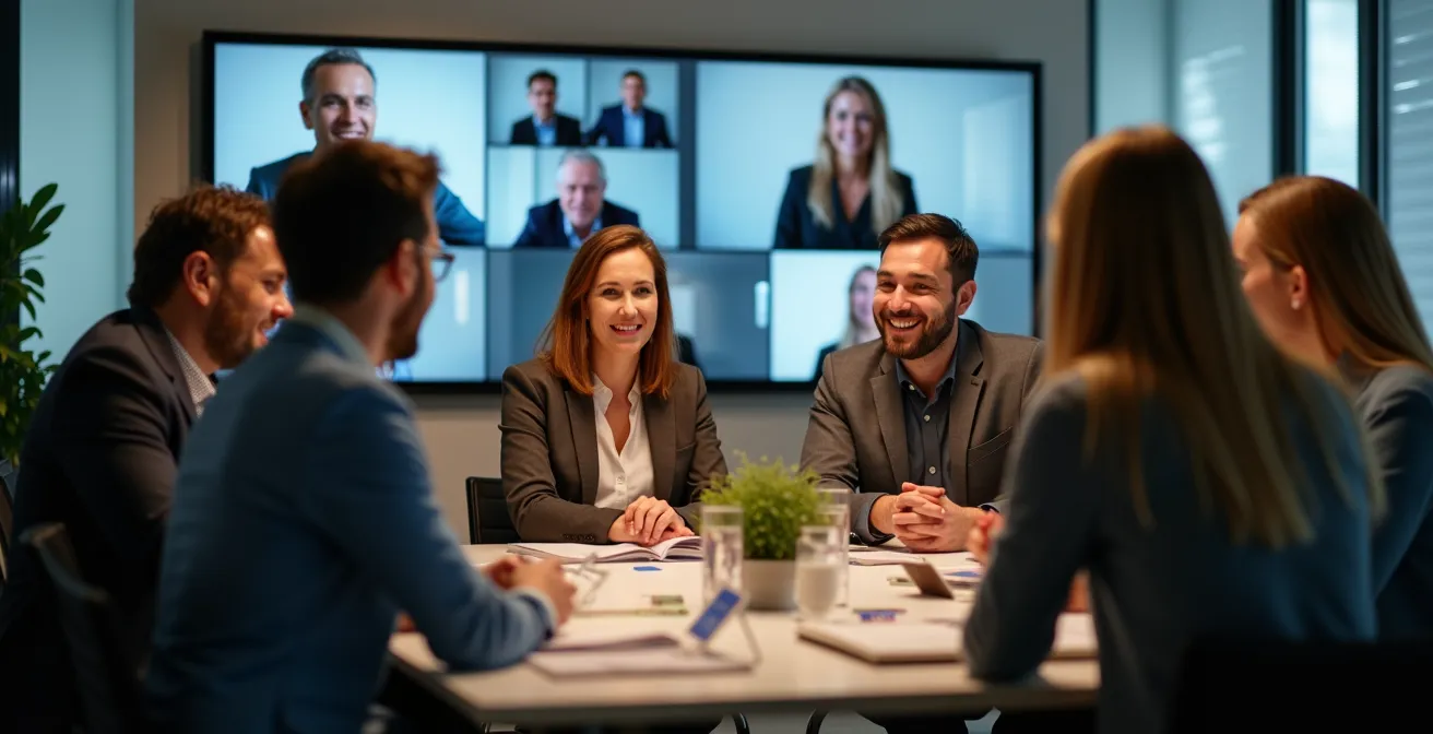 Team-Meeting mit Präsenz- und Remote-Teilnehmern in modernem Konferenzraum