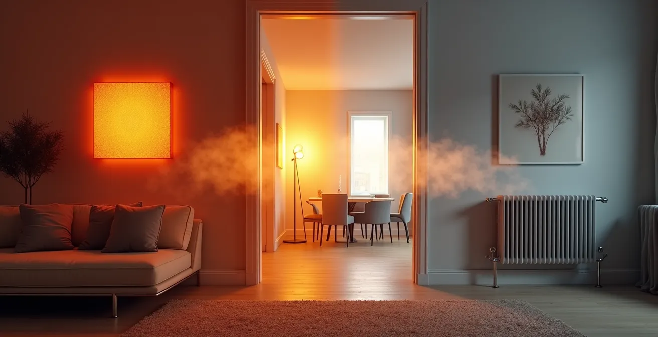 Vergleich zwischen Infrarotheizung und Konvektionsheizung, der die unterschiedlichen Wärmeverteilungsprinzipien zeigt.
