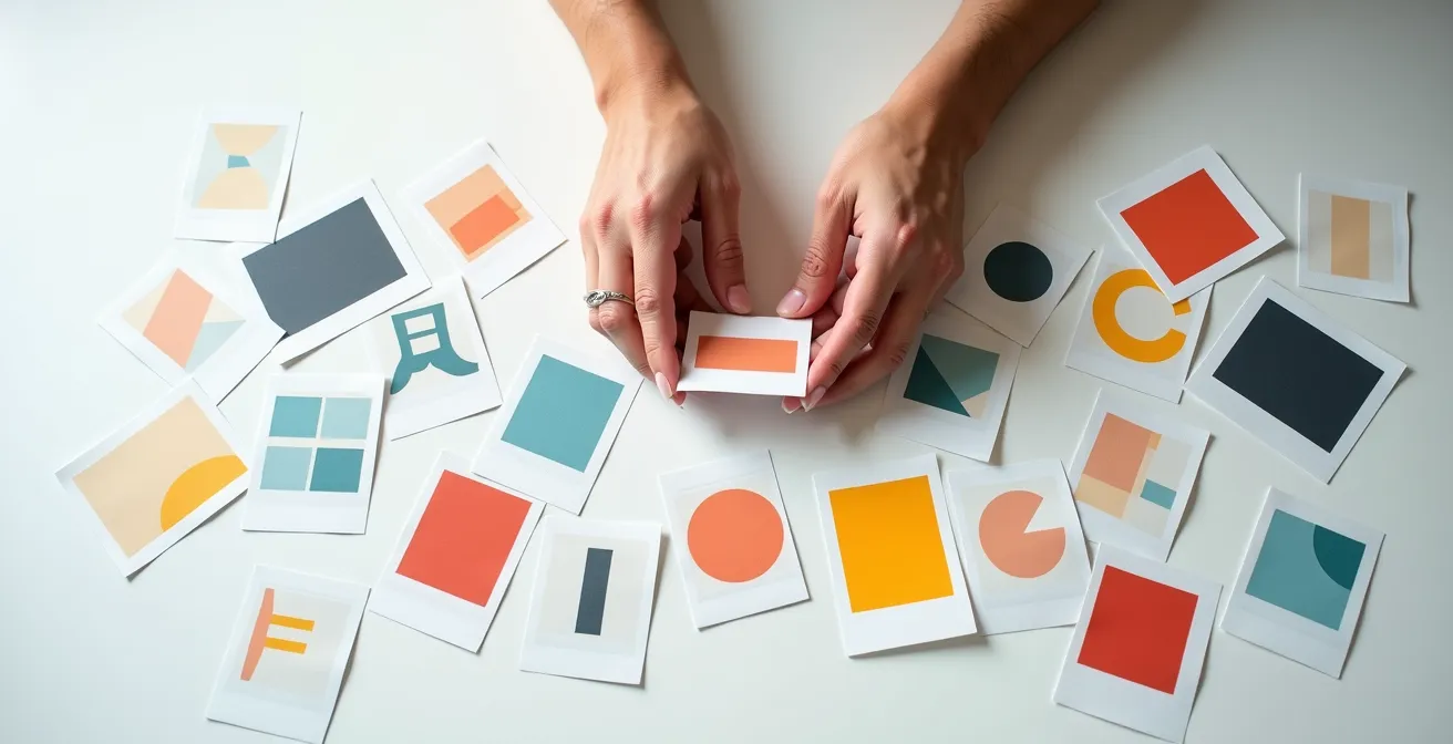 Hände arrangieren farbenfrohe Karten in einem neuen Muster auf einem Tisch, was die Neukuratierung eines Feeds symbolisiert