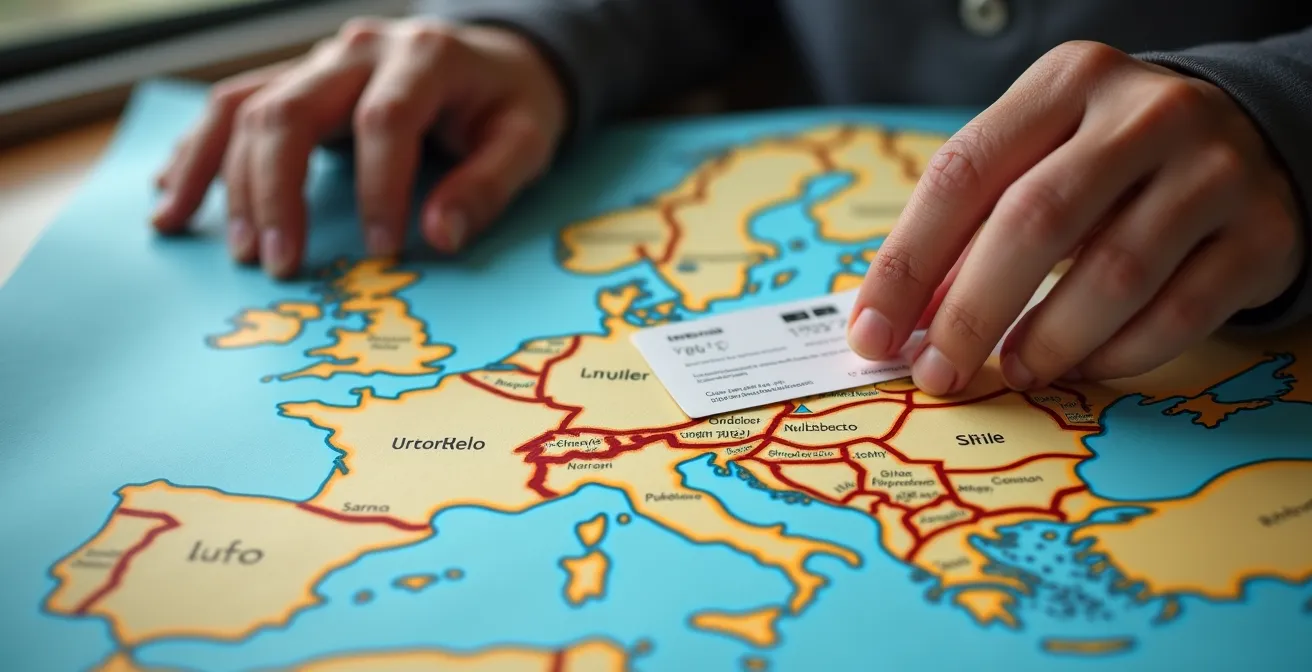 Reisender plant Interrail-Route auf Europakarte mit Nachtzugverbindungen