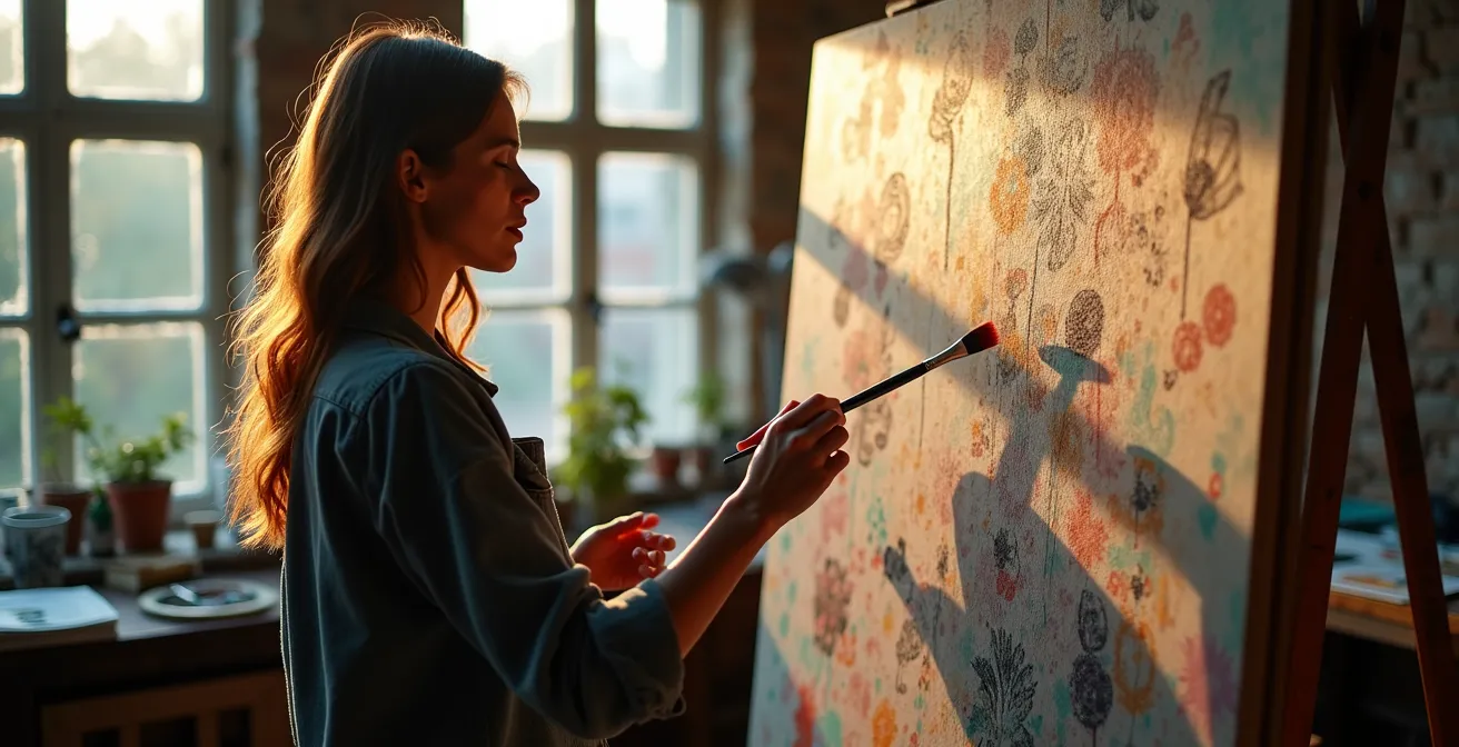 Künstler arbeitet zusammen mit KI an einem digitalen Kunstwerk