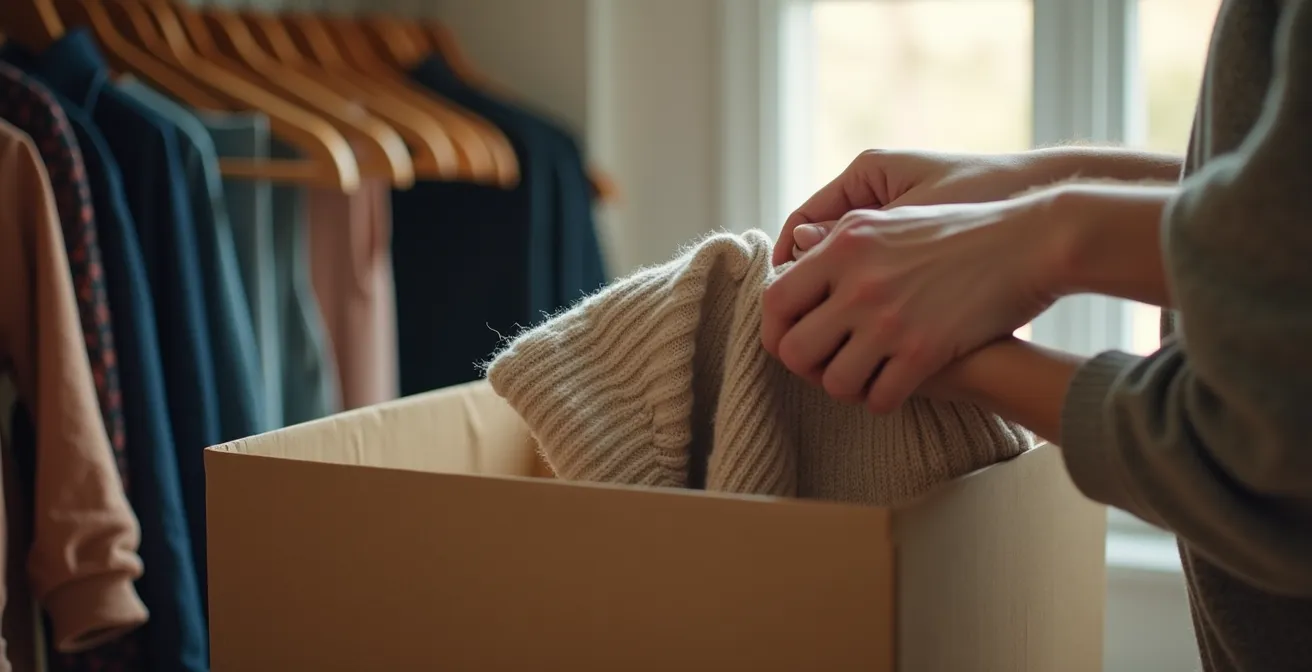 Aufgeräumter minimalistischer Kleiderschrank mit einheitlichen Holzbügeln