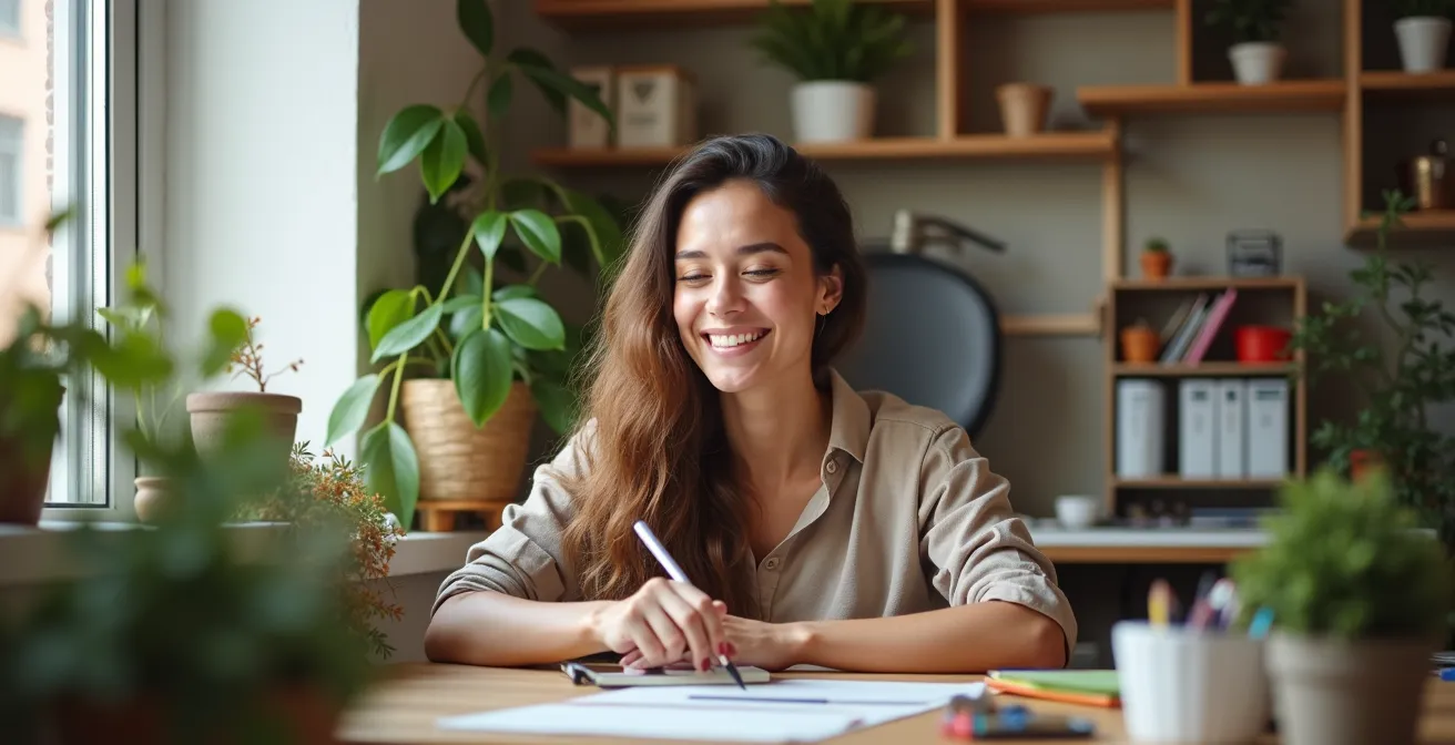 Organisierte Kreativecke in einer kleinen Wohnung mit platzsparender Aufbewahrung