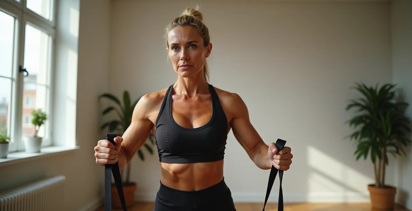 Person mittleren Alters beim konzentrierten Krafttraining mit Fokus auf Muskelarbeit