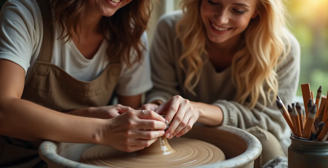 Zwei Personen arbeiten gemeinsam an einem kreativen Projekt in entspannter Atmosphäre