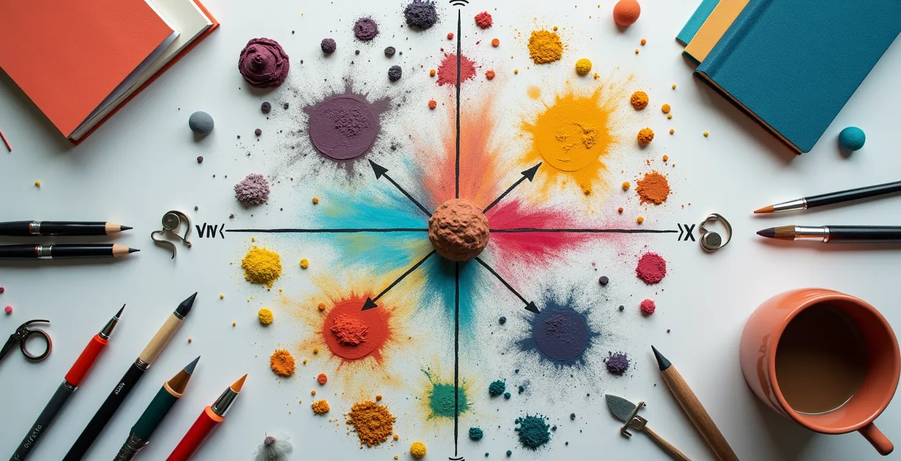 Vielfältige Kreativmaterialien arrangiert auf neutralem Hintergrund