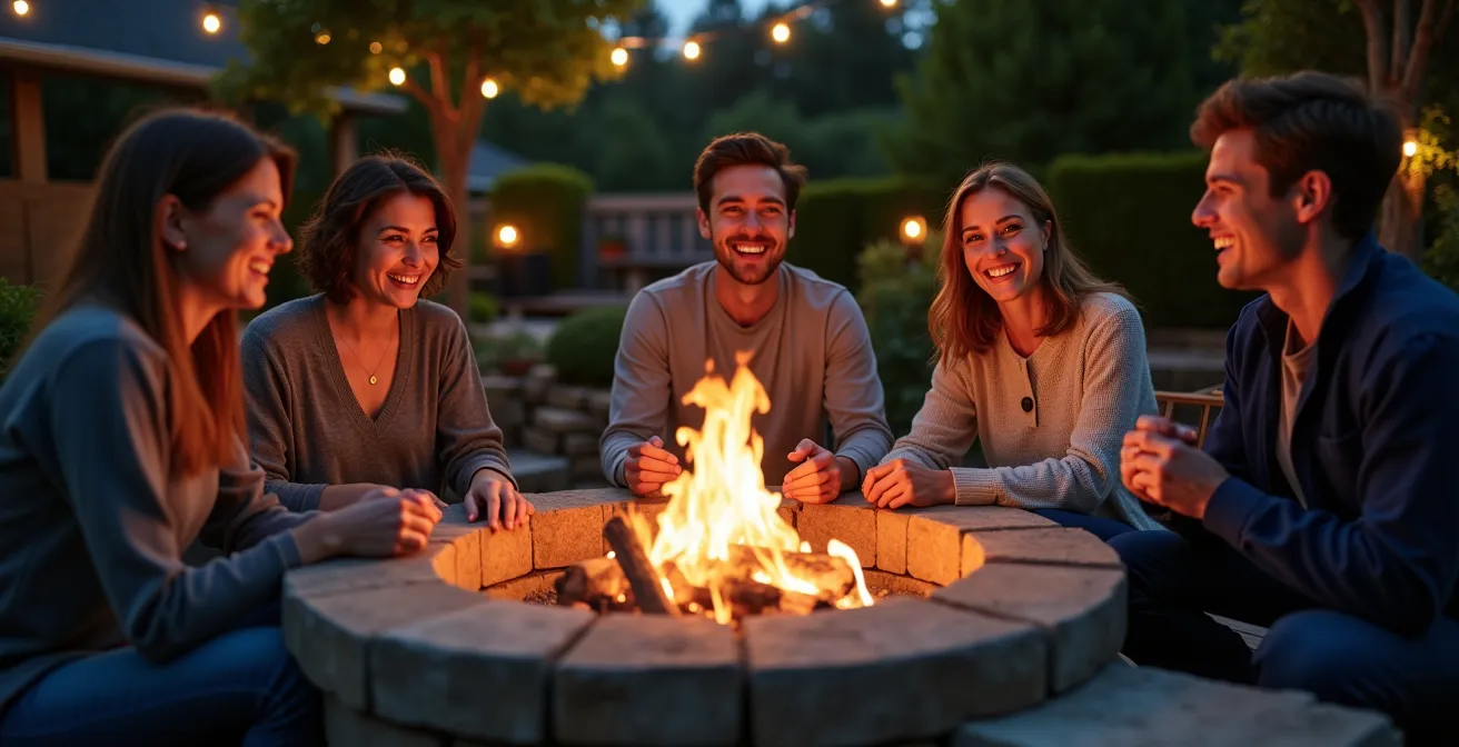 Gemütliche Feuerstelle mit Sitzlandschaft aus lokalem Naturstein im abendlichen Garten