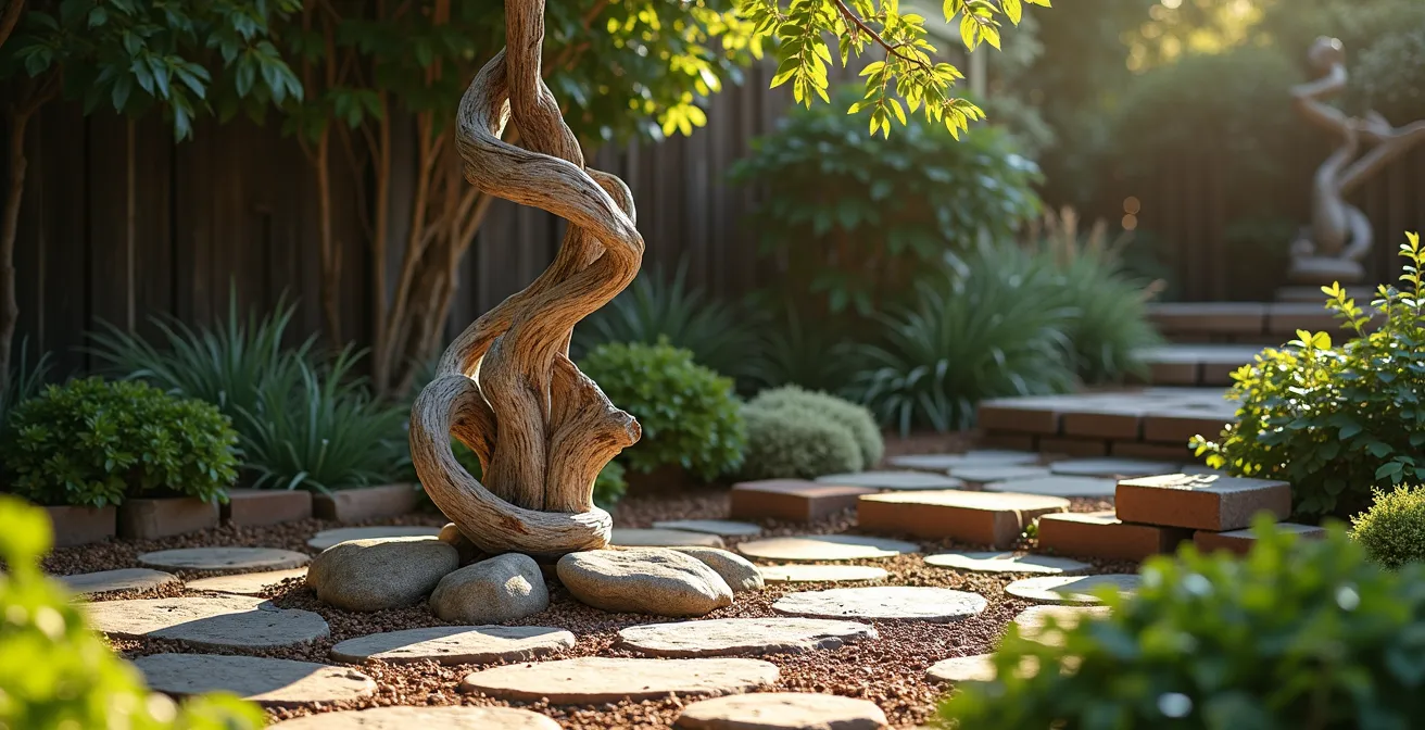 Natürliche Land-Art Installation aus Totholz und regionalen Steinen in einer Gartenecke