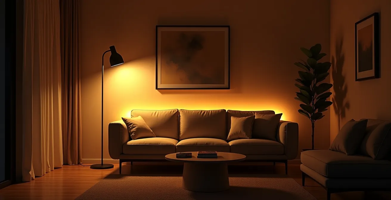 Gemütliches Wohnzimmer am Abend mit warmem Licht von LED-Strips und Stehlampe