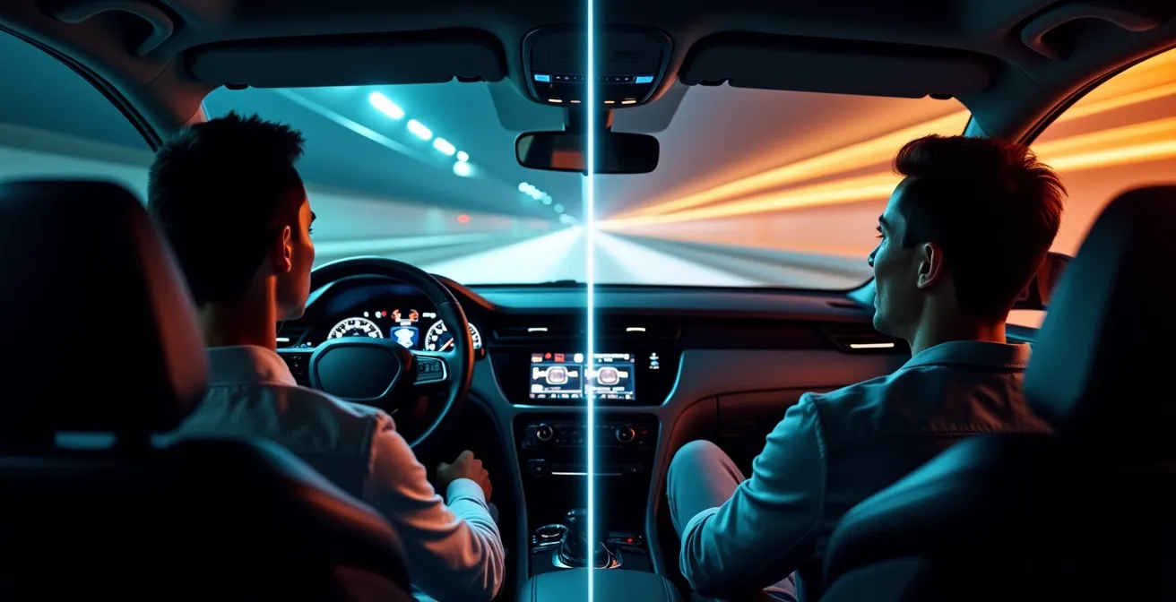 Vergleichende Darstellung der Autonomiestufen im Fahrzeug, links Hände am Steuer für Stufe 2, rechts entspannte Haltung für Stufe 3