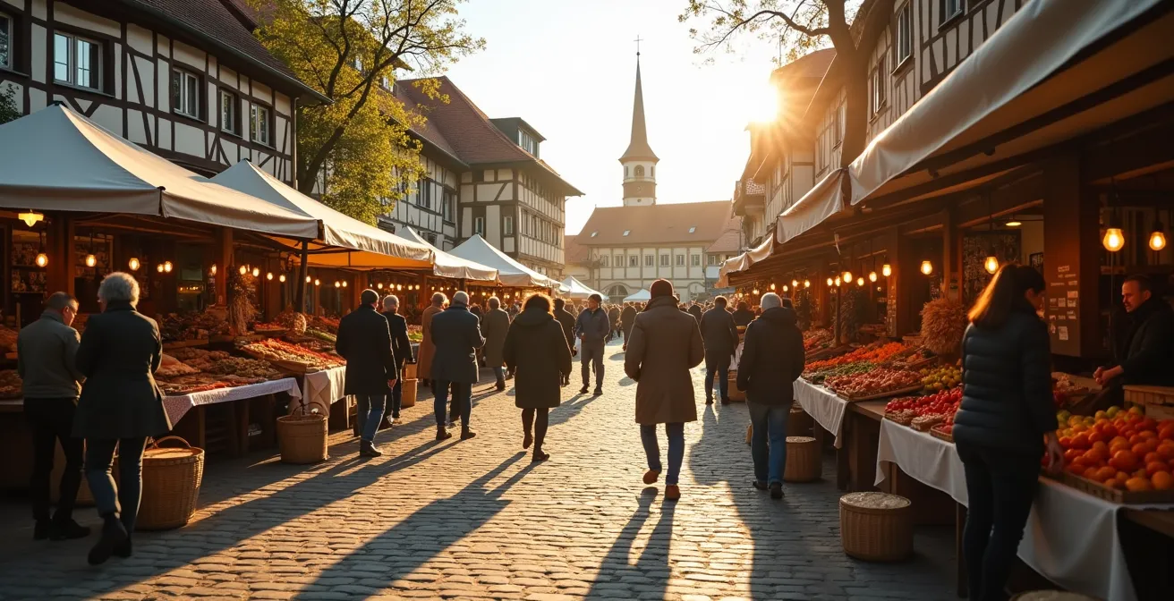 Lebhafter Wochenmarkt in einem deutschen Dorf mit Einheimischen und Besuchern im Gespräch