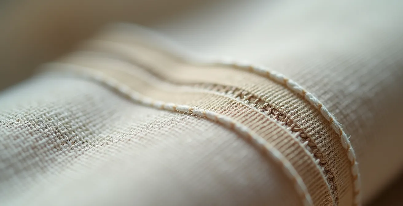 Makroaufnahme hochwertiger Stoffnaht mit sichtbarer Stichdichte