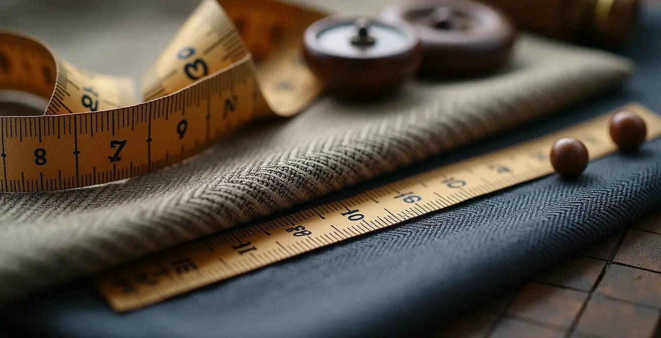 Stoffmuster und Maßband zeigen den Prozess der Maßkonfektion