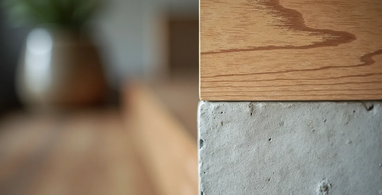 Detailaufnahme moderner Materialkombination aus warmem Beton und deutscher Eiche