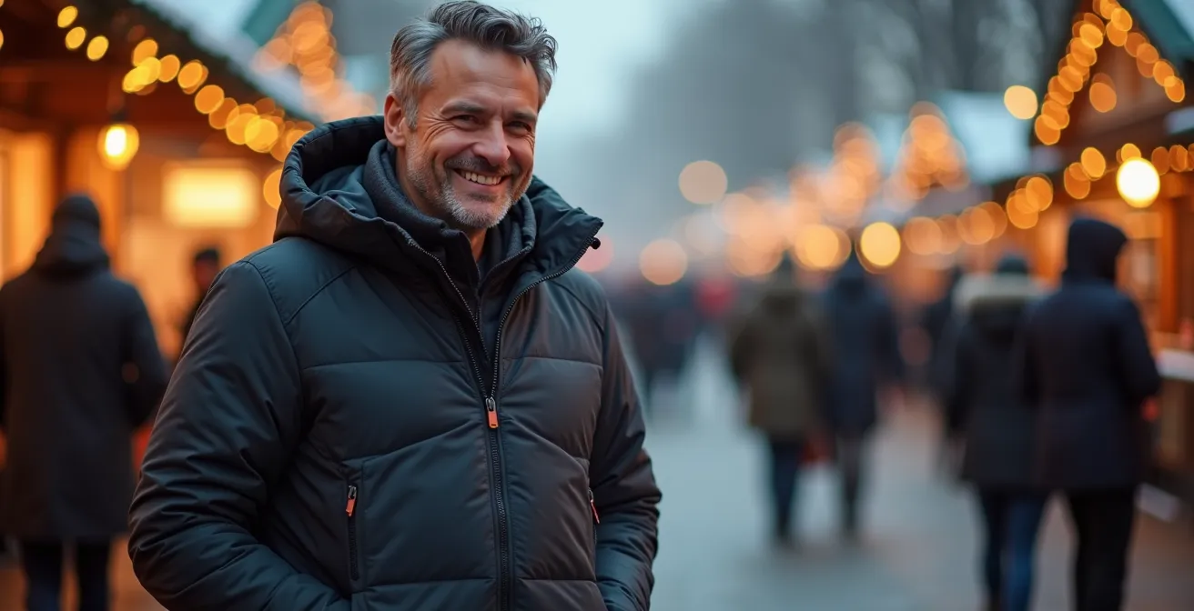Person trägt moderne Tech-Jacke in winterlicher Stadtumgebung