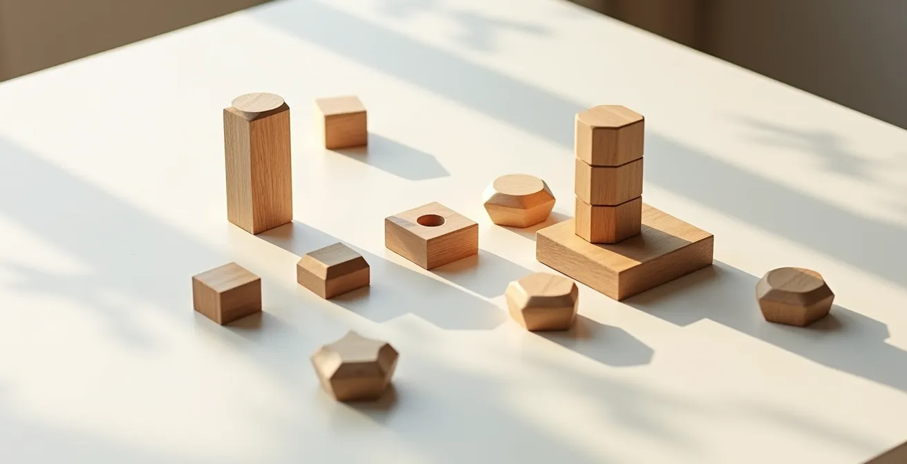 Abstraktes Arrangement aus verschiedenen geometrischen Holzelementen die sich flexibel kombinieren lassen