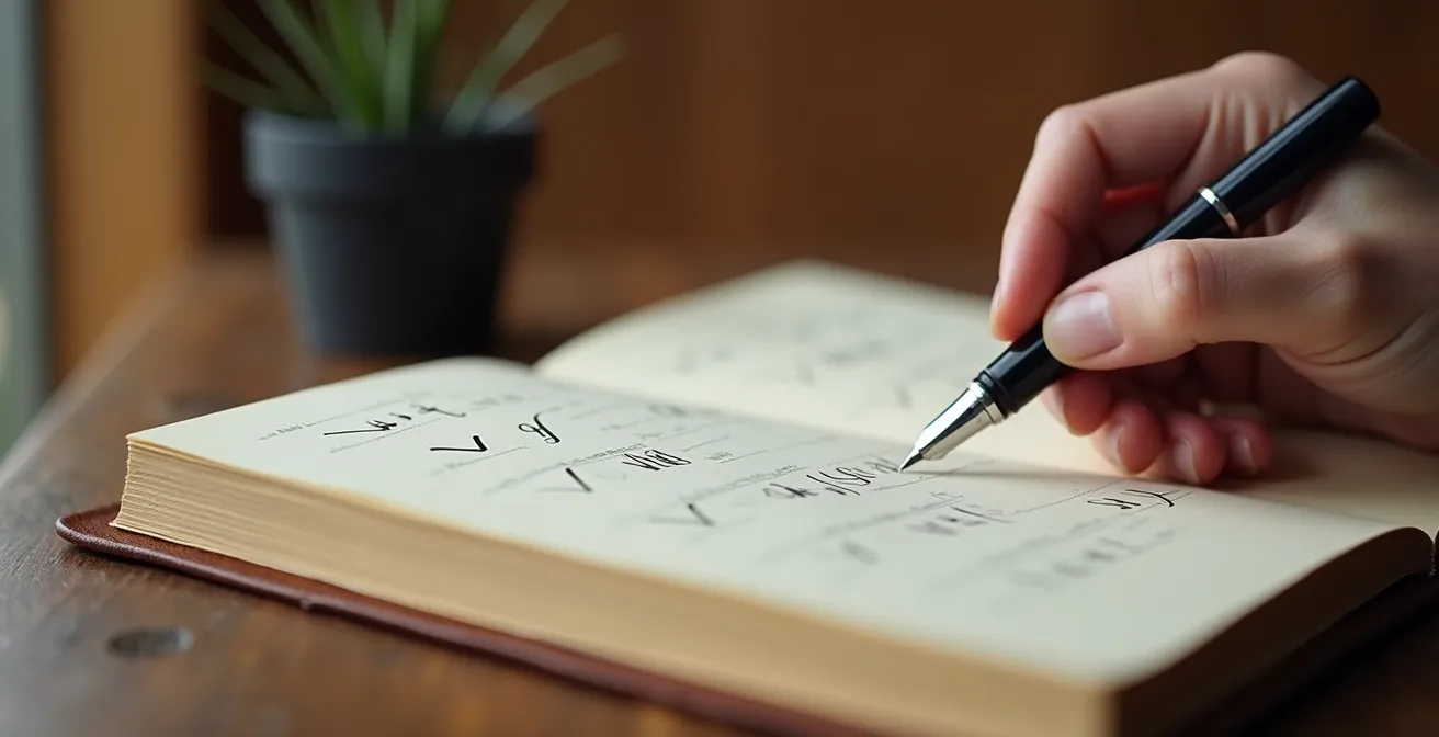 Nahaufnahme von Händen die achtsam eine Checkliste in einem Notizbuch abhaken