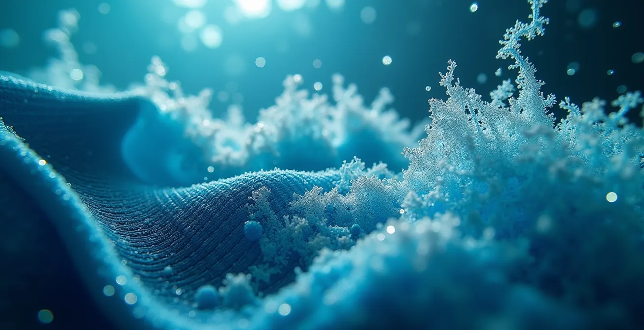 Makroaufnahme von synthetischen Textilfasern unter Wasser mit Mikroplastikpartikeln