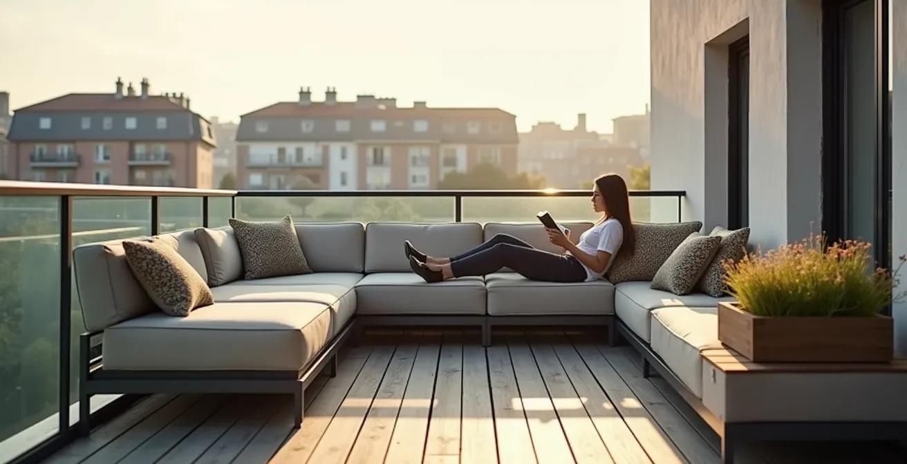 Ein kleiner, minimalistisch gestalteter Stadtbalkon in Deutschland, auf dem eine Person auf einem multifunktionalen Möbelstück entspannt.