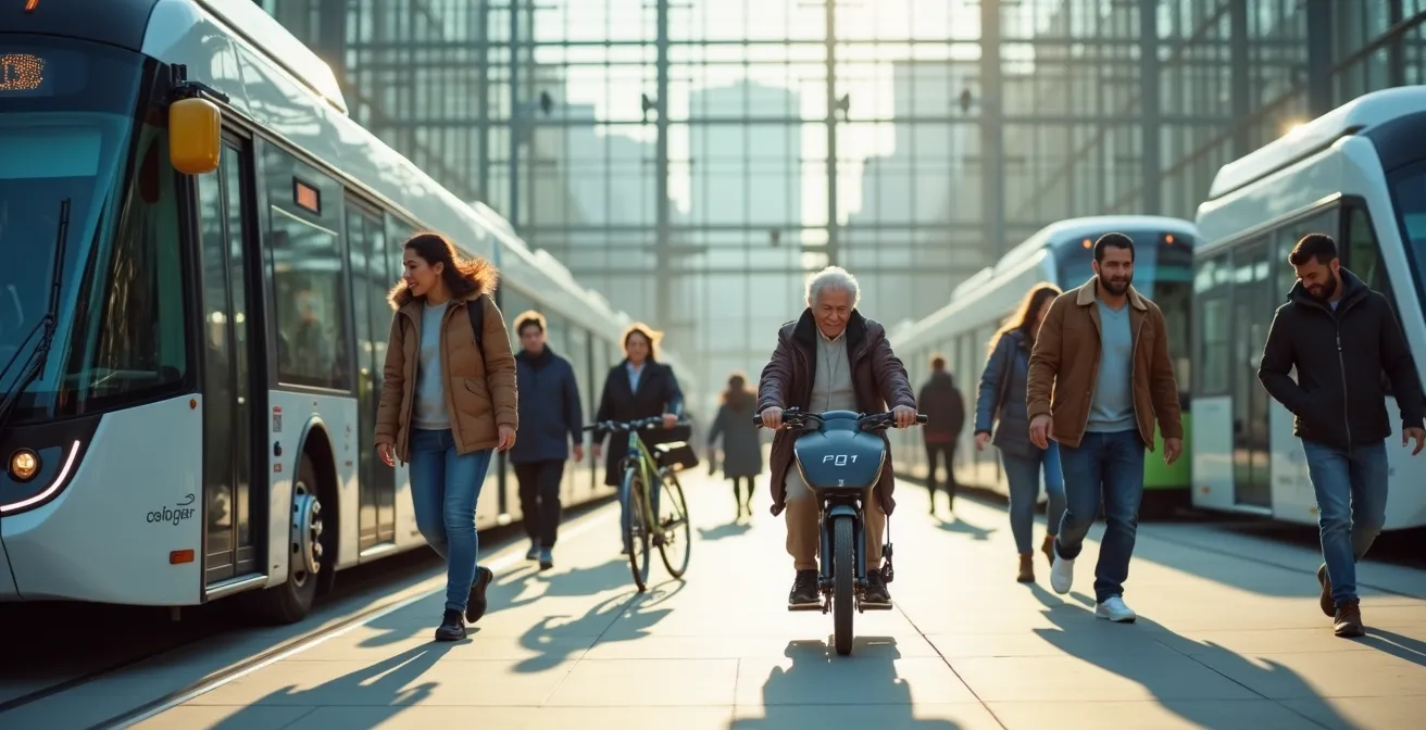 Zukunftsvision urbaner Mobilität in Deutschland mit Menschen, die nahtlos zwischen E-Bikes, autonomen Shuttles und modernen Trams wechseln.