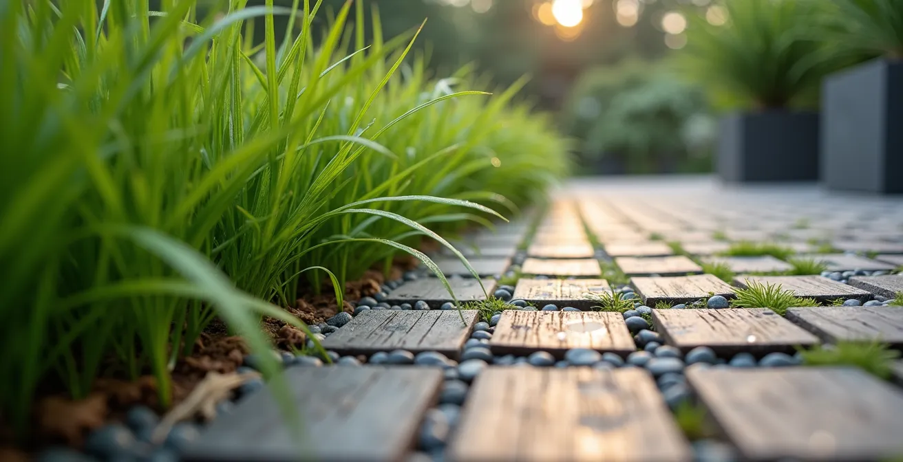 Minimalistischer Garten nach Bauhaus-Prinzipien mit klaren Strukturen und heimischen Pflanzen