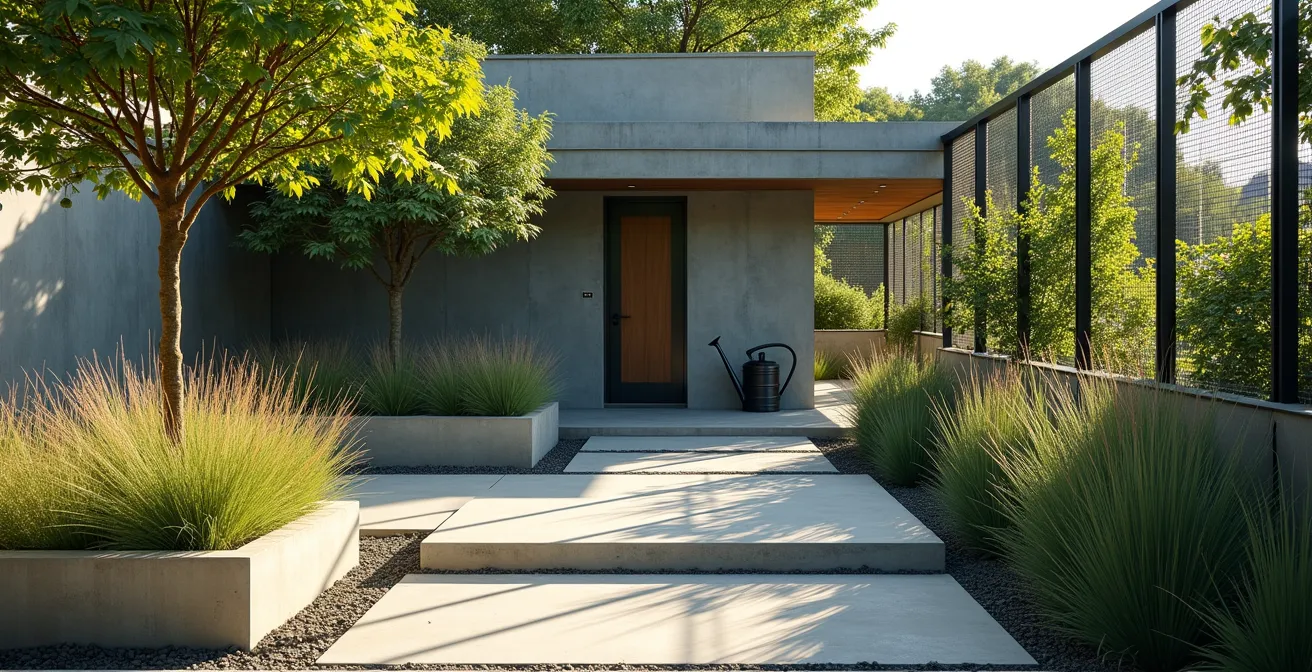 Moderne Gartengestaltung mit persönlichen Elementen und natürlichen Kontrasten