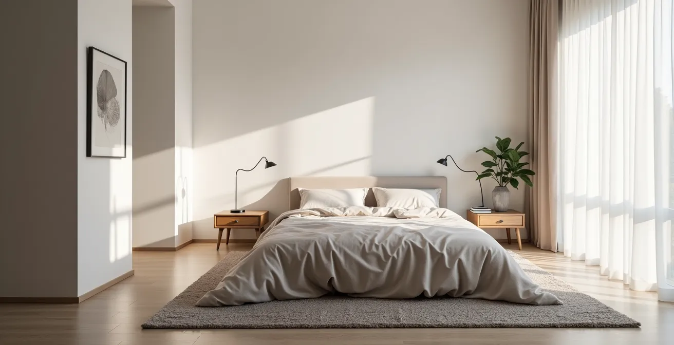 Schlafzimmer mit Doppelbett als Größenreferenz für optimale Raumwahrnehmung