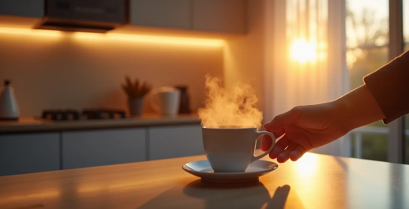 Moderne Küche im Morgenlicht mit automatisierter Kaffeemaschine und stimmungsvoller Beleuchtung