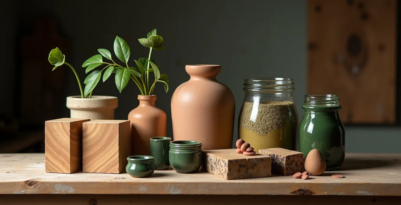 Auswahl nachhaltiger Materialien auf einer Werkbank