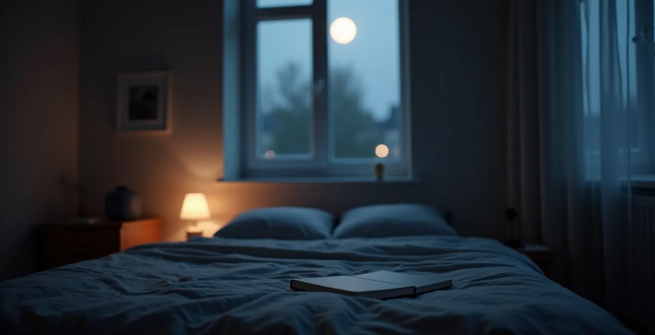 Ein ruhiges, minimalistisches Schlafzimmer bei Nacht. Der Fokus liegt auf einem geschlossenen Tagebuch auf dem Nachttisch, das die freigegebenen Sorgen und die Bereitschaft für einen friedlichen Schlaf symbolisiert.