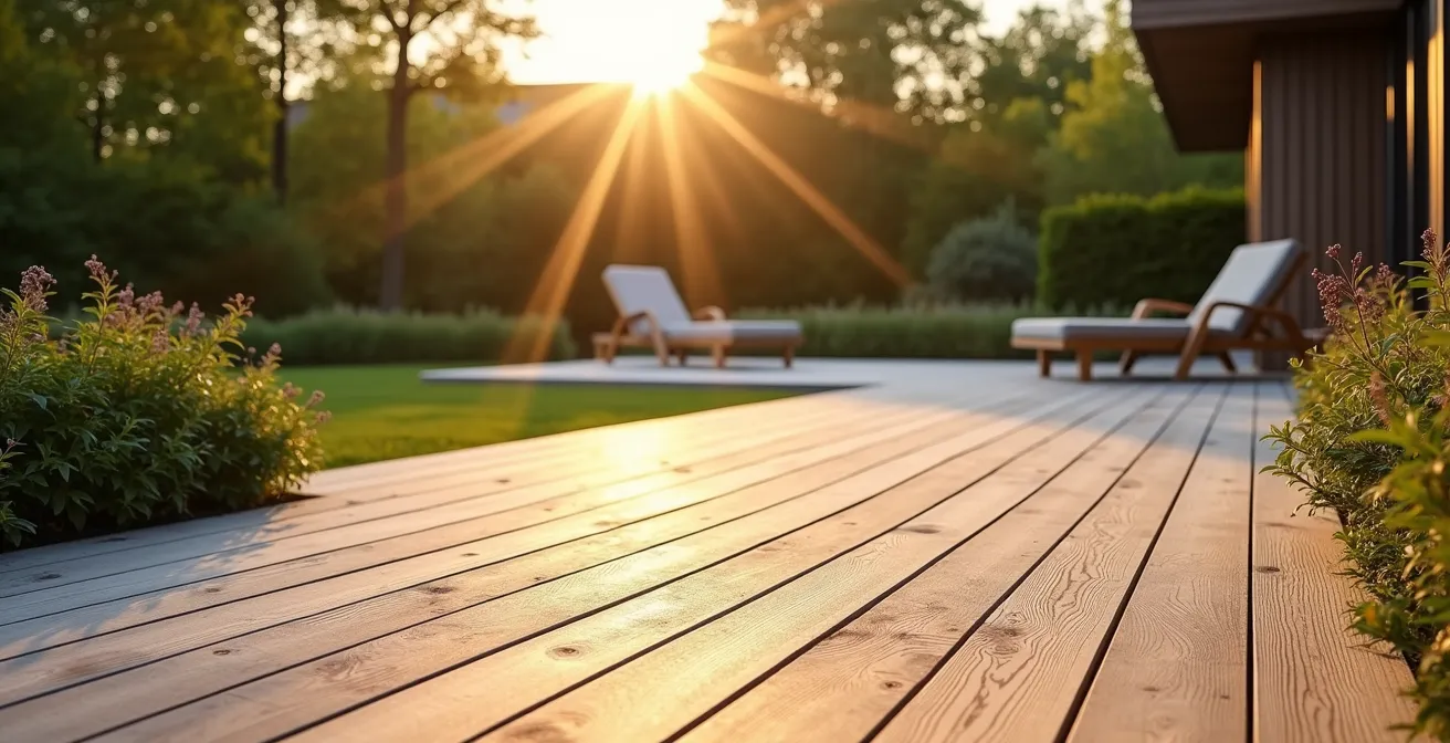 Südausgerichtete Naturholzterrasse aus heimischer Lärche mit Blick in gepflegten deutschen Garten
