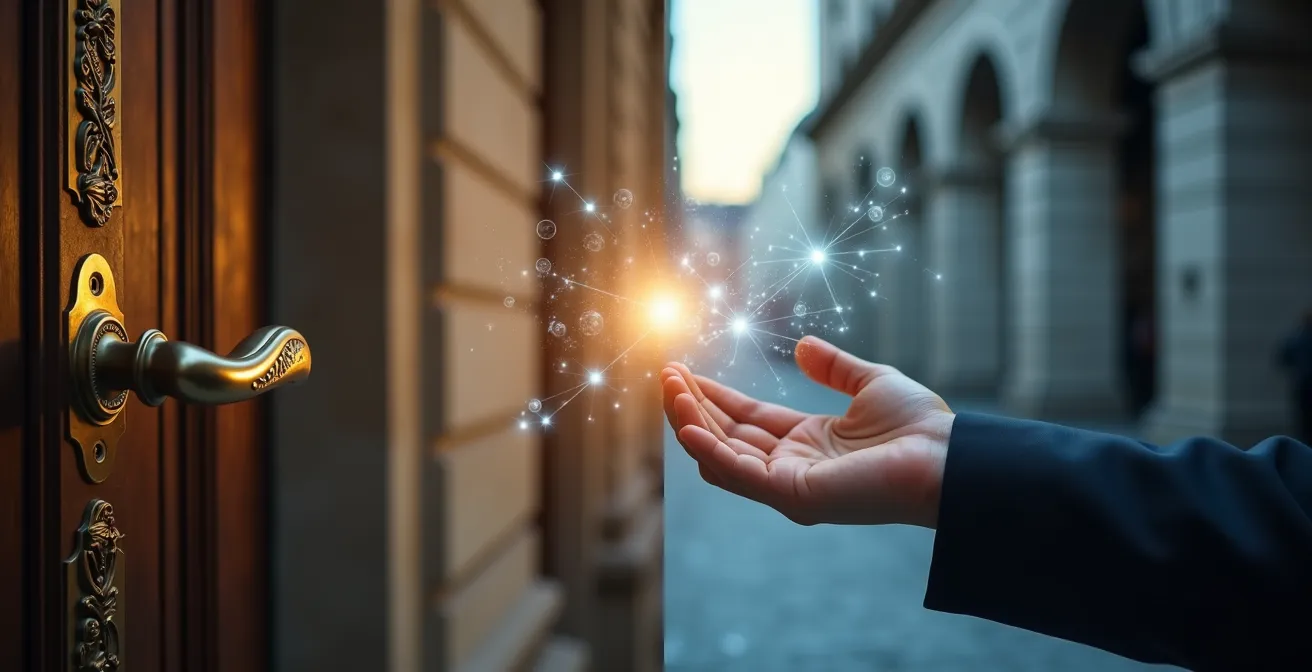 Symbolischer Vergleich zwischen traditioneller Bank und digitaler Banking-App