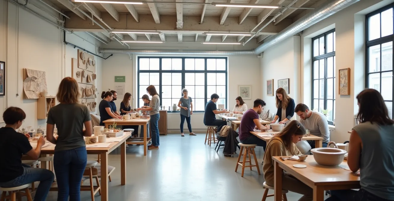 Menschen verschiedenen Alters arbeiten gemeinsam in einer hellen offenen Werkstatt