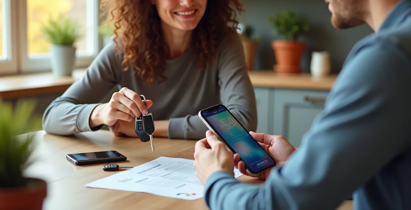 Eine Person sitzt erleichtert am Küchentisch und führt die digitale Fahrzeugzulassung von zuhause aus mit dem i-Kfz-System durch.