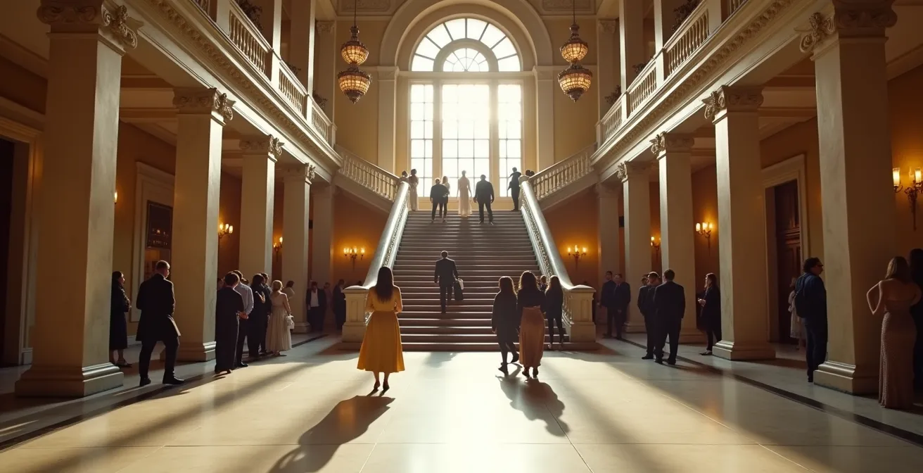 Menschen unterschiedlichen Alters in verschiedenen Kleidungsstilen im Foyer eines Opernhauses