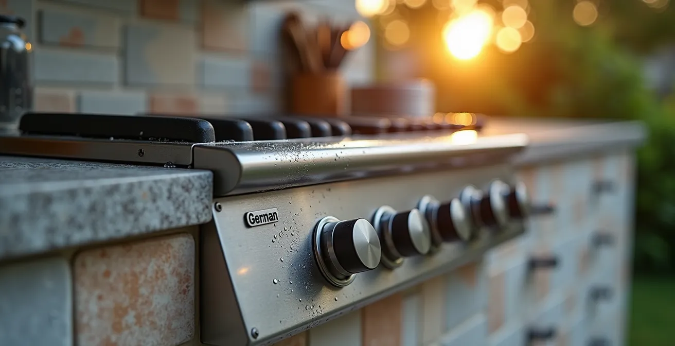 Moderne Outdoor-Küche aus Edelstahl in deutschem Garten integriert