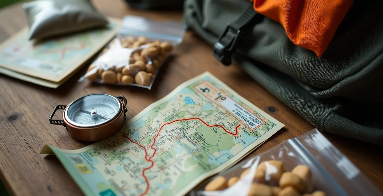 Detailaufnahme eines organisierten Wanderrucksacks mit deutscher Ausrüstung