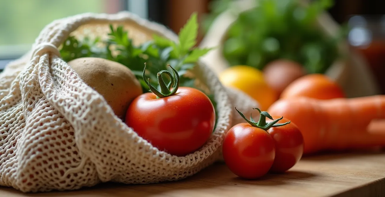 Unverpacktes Obst und Gemüse im wiederverwendbaren Netzbeutel