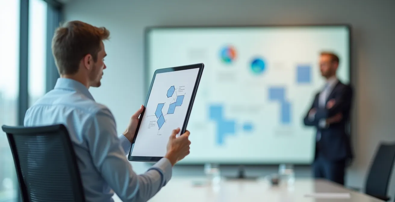 Eine professionelle Person präsentiert in einem modernen deutschen Büro ihre Arbeitsauslastung transparent auf einem Board, während eine Führungskraft im Hintergrund verständnisvoll reagiert.