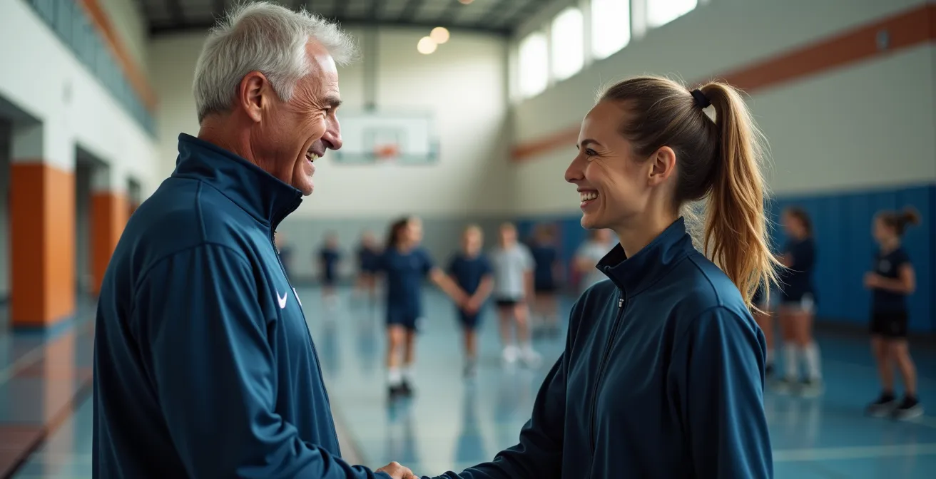 Trainer begrüßt neue Interessentin beim Probetraining in deutscher Turnhalle
