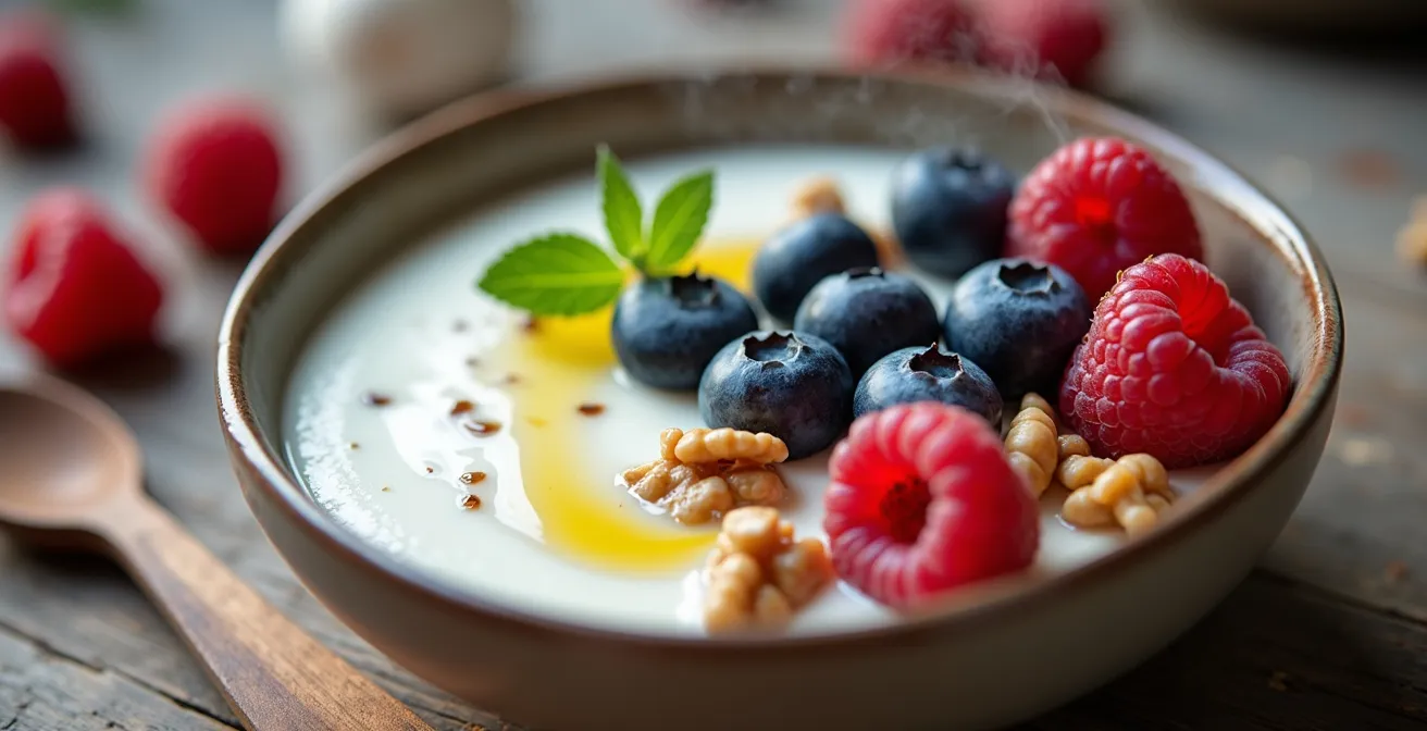 Appetitliche Magerquark-Bowl mit frischen Beeren und Nüssen auf Holztisch