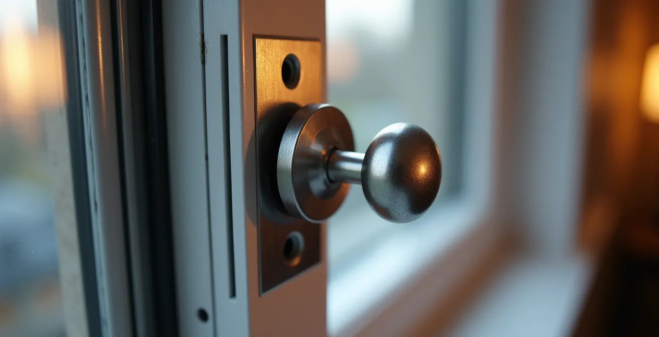 Detailaufnahme einer Pilzkopfverriegelung an einem deutschen Dreh-Kipp-Fenster