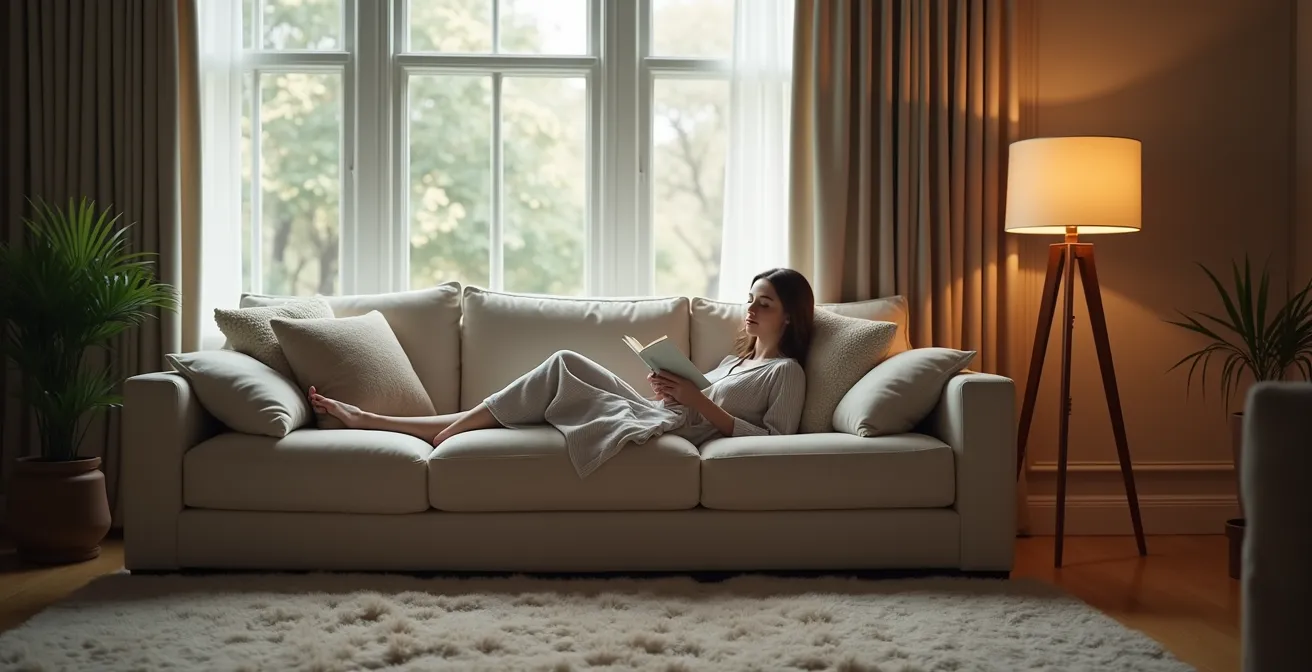 Wohnzimmer mit schweren Vorhängen und dickem Teppich für optimale Schallabsorption