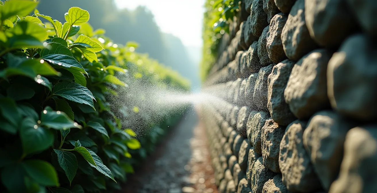 Visualisierung der Schallausbreitung: Schallwellen durchdringen eine Hecke leicht, werden aber von einer dichten Gabionenwand blockiert.