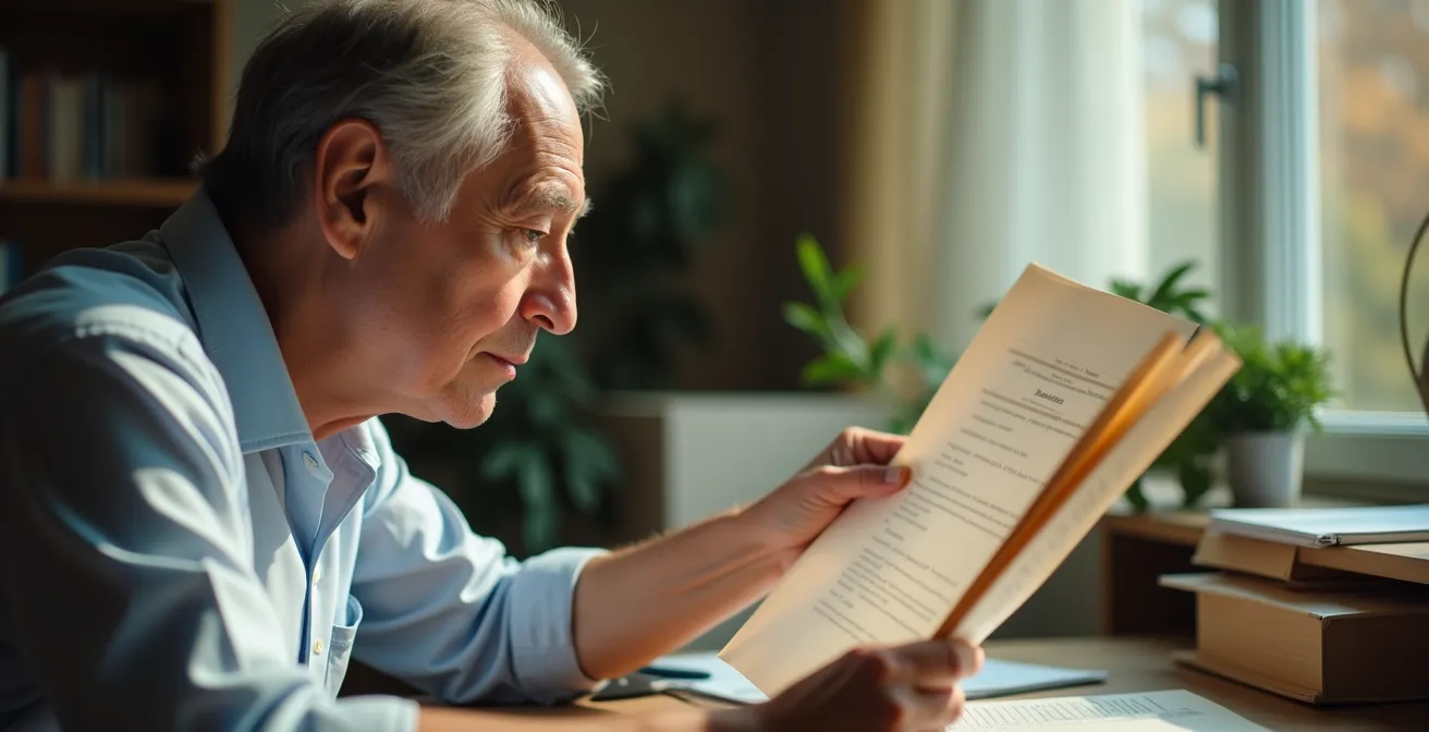 Person prüft Bonitätsunterlagen am Schreibtisch mit natürlichem Licht