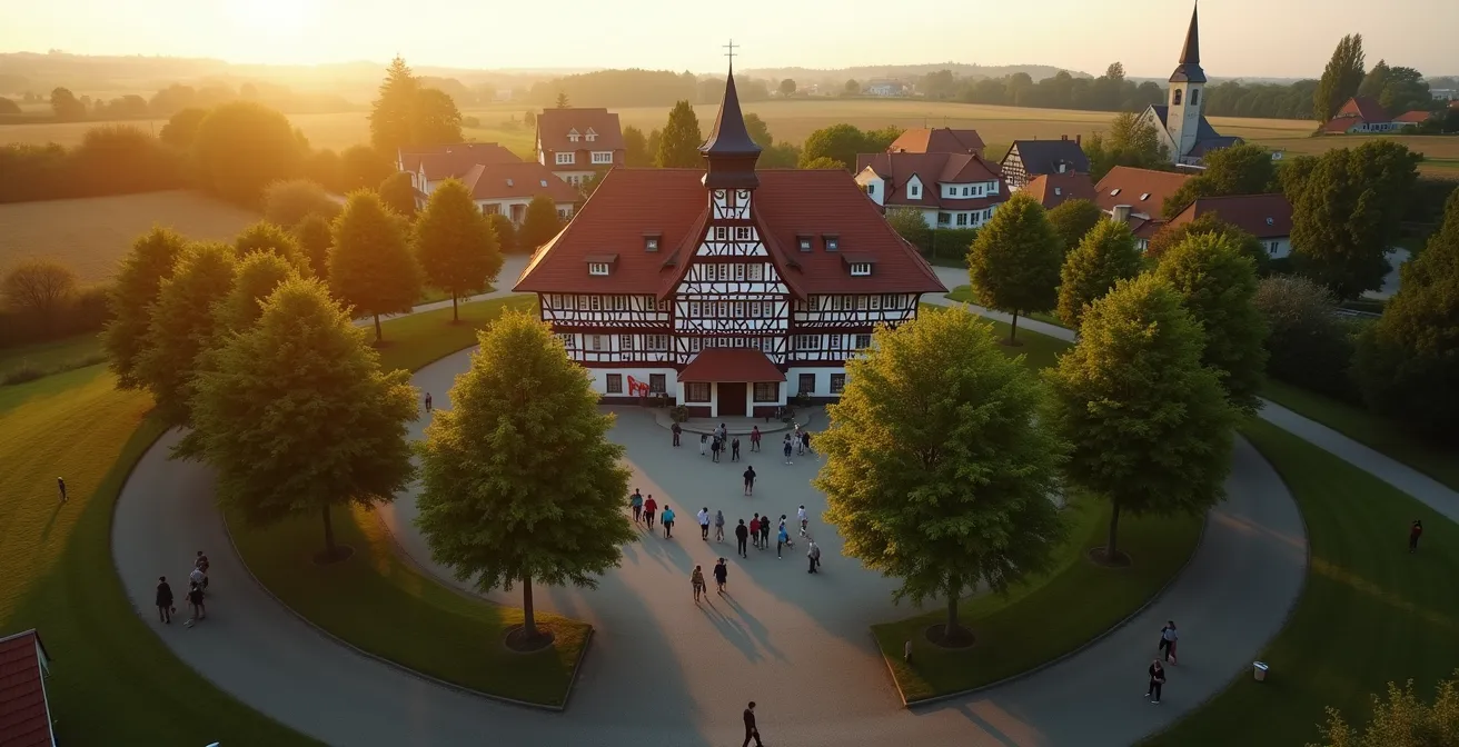 Luftaufnahme eines traditionellen deutschen Vereinshauses umgeben von sieben symbolischen Bäumen